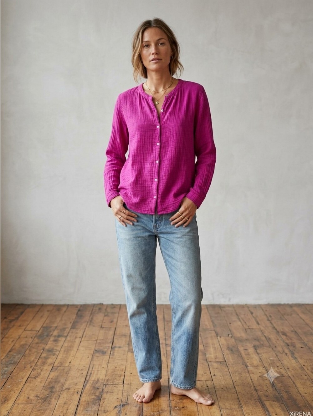 XiRENA Gemma Cotton Gauze Long Sleeve Shirt Magenta & Purple Striped Size Small